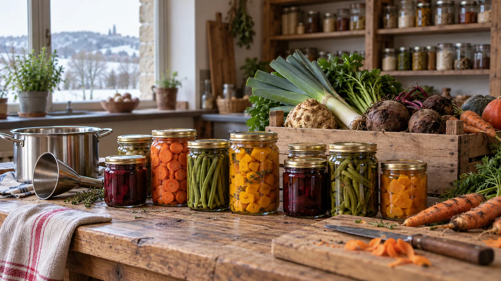 Rangée de bocaux de légumes en conserve sur un plan de travail