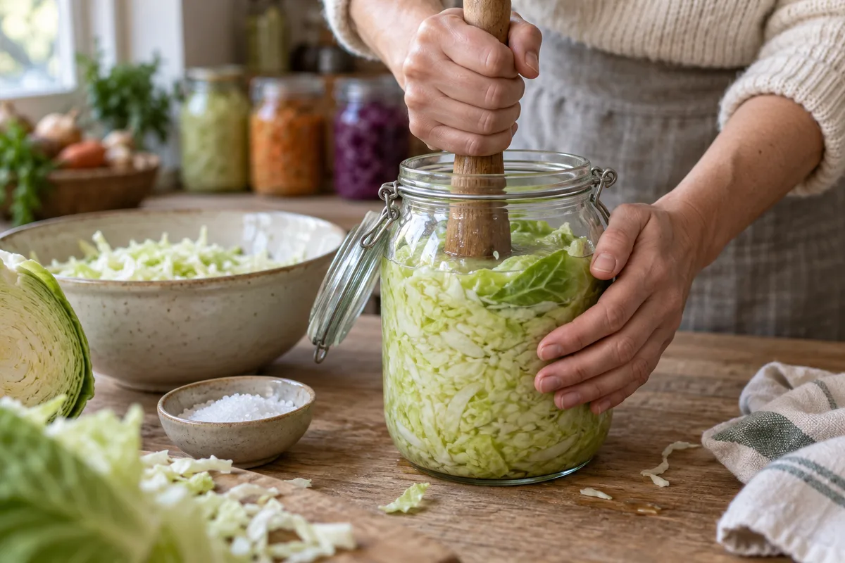 Mains tassant du chou râpé dans un bocal de lactofermentation