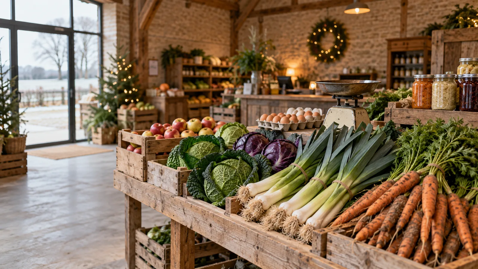 Étal de ferme garni de légumes d'hiver, pommes, œufs et conserves