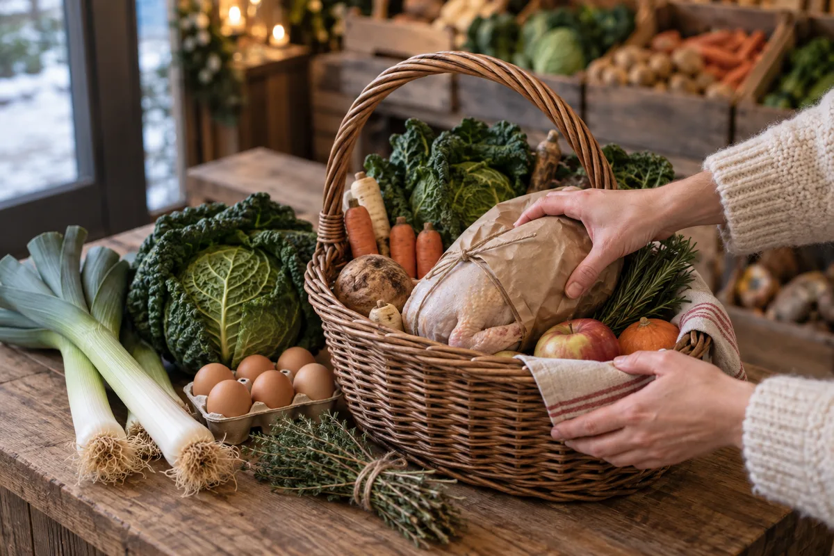 Mains composant un panier de fête avec volaille, légumes et œufs fermiers