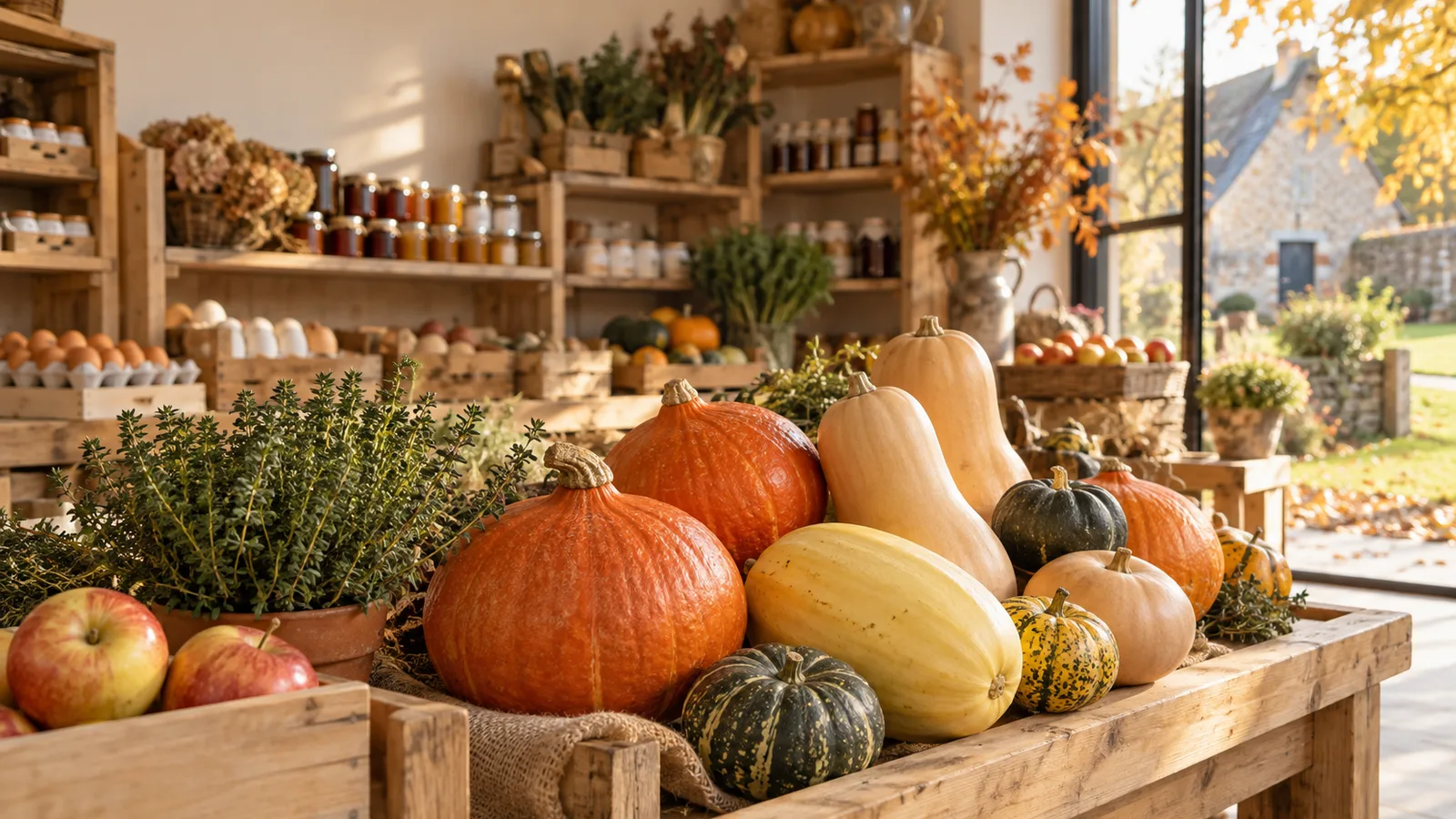 Courges variées sur l'étal en bois d'un magasin de ferme