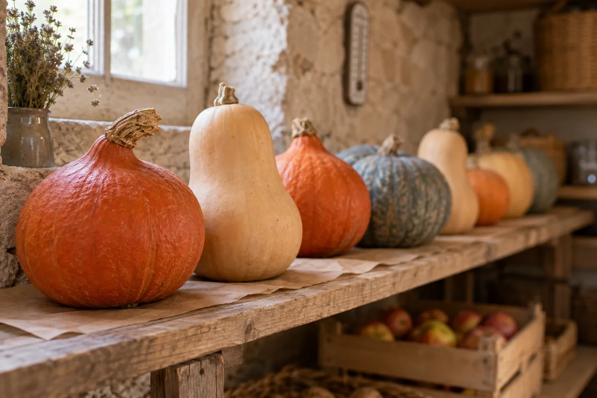 Rangée de courges conservées sur une étagère de cellier