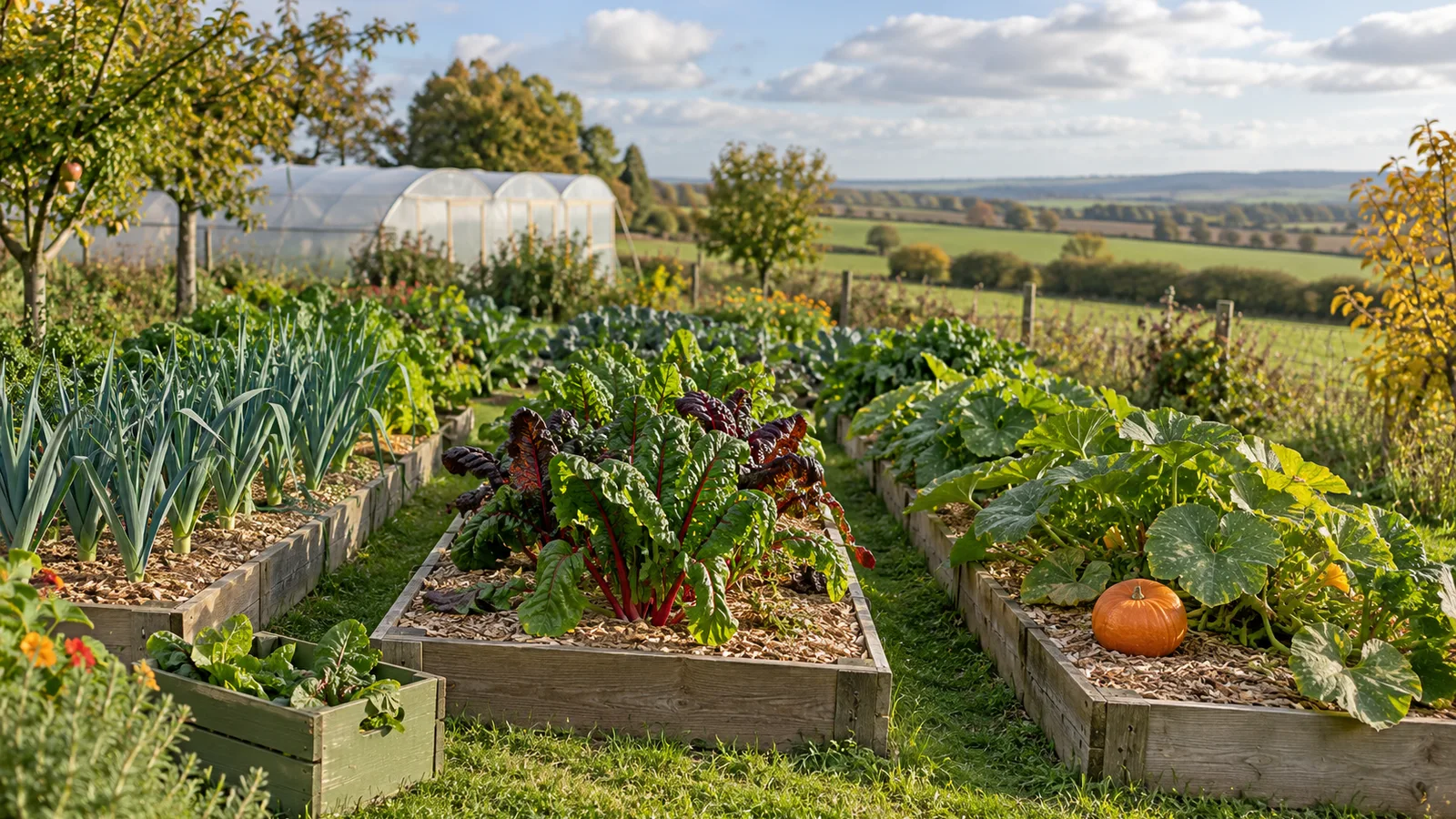 Potager en planches surélevées paillées, poireaux, bettes et courges, serre floue