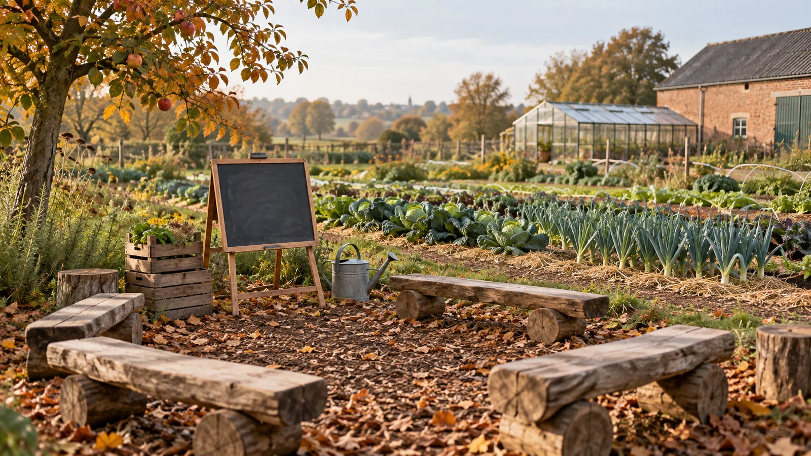 Bancs en rondins face à un tableau dans un potager d'automne