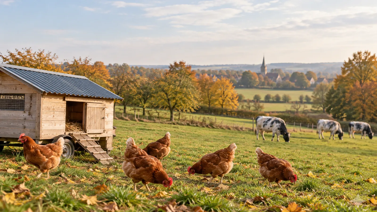 Poules rousses picorant près d'un poulailler mobile dans une prairie d'automne