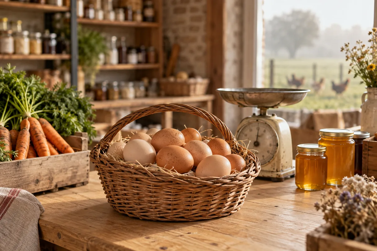 Panier d'œufs frais sur une table en bois d'un magasin de ferme