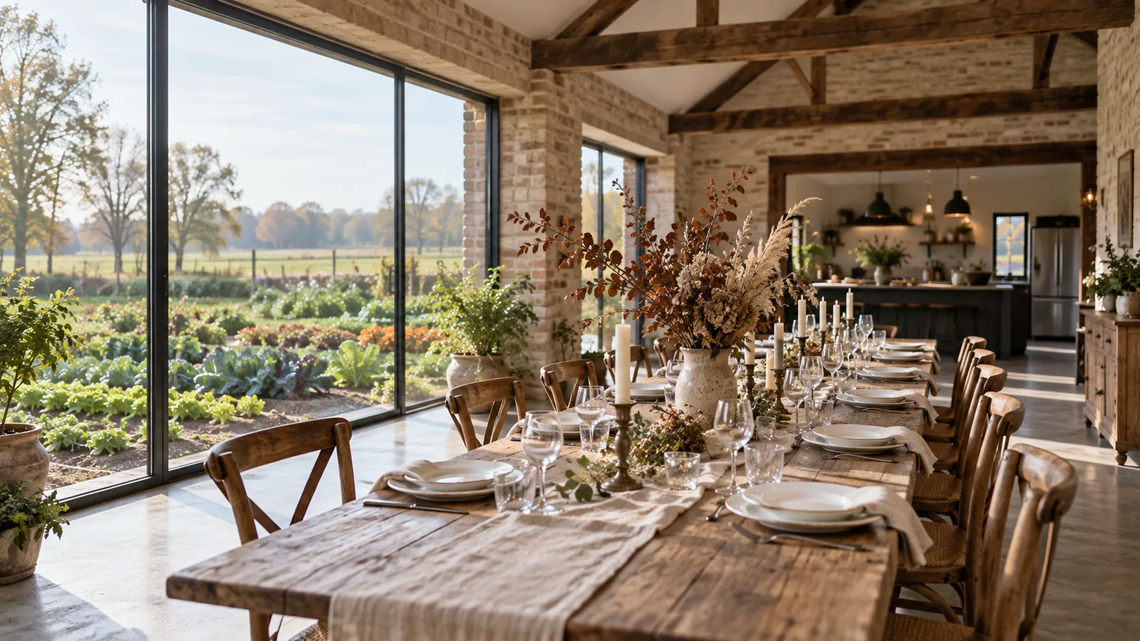 Longue table dressée dans une grange ouverte sur un potager d'automne