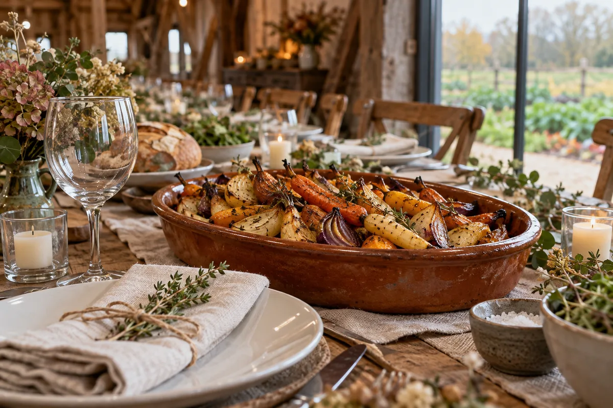 Assiette sur serviette de lin et plat de légumes rôtis de ferme