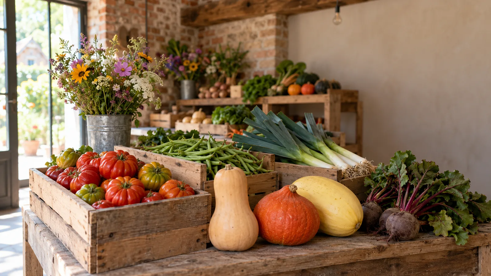 Étal en bois d'un magasin de ferme garni de tomates, courges et poireaux