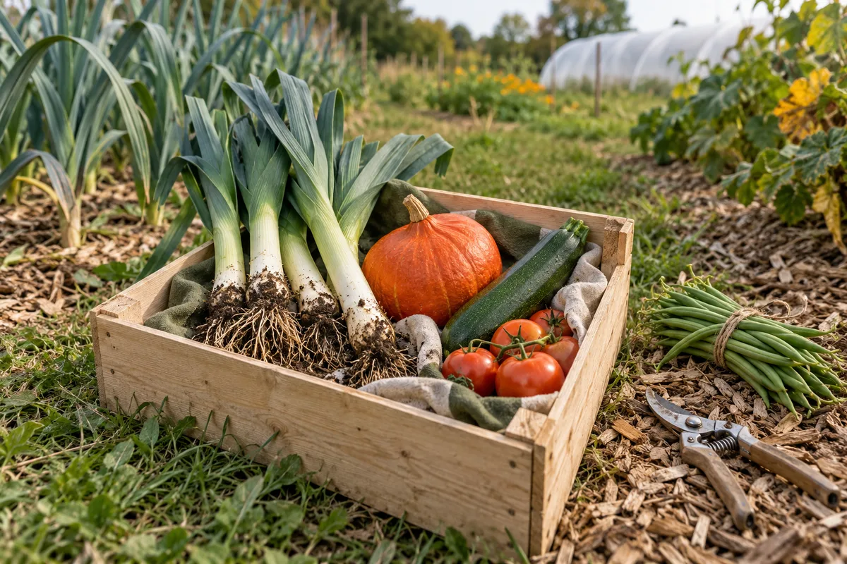 Cagette de récolte au sol : poireaux, potimarron, courgette et tomates