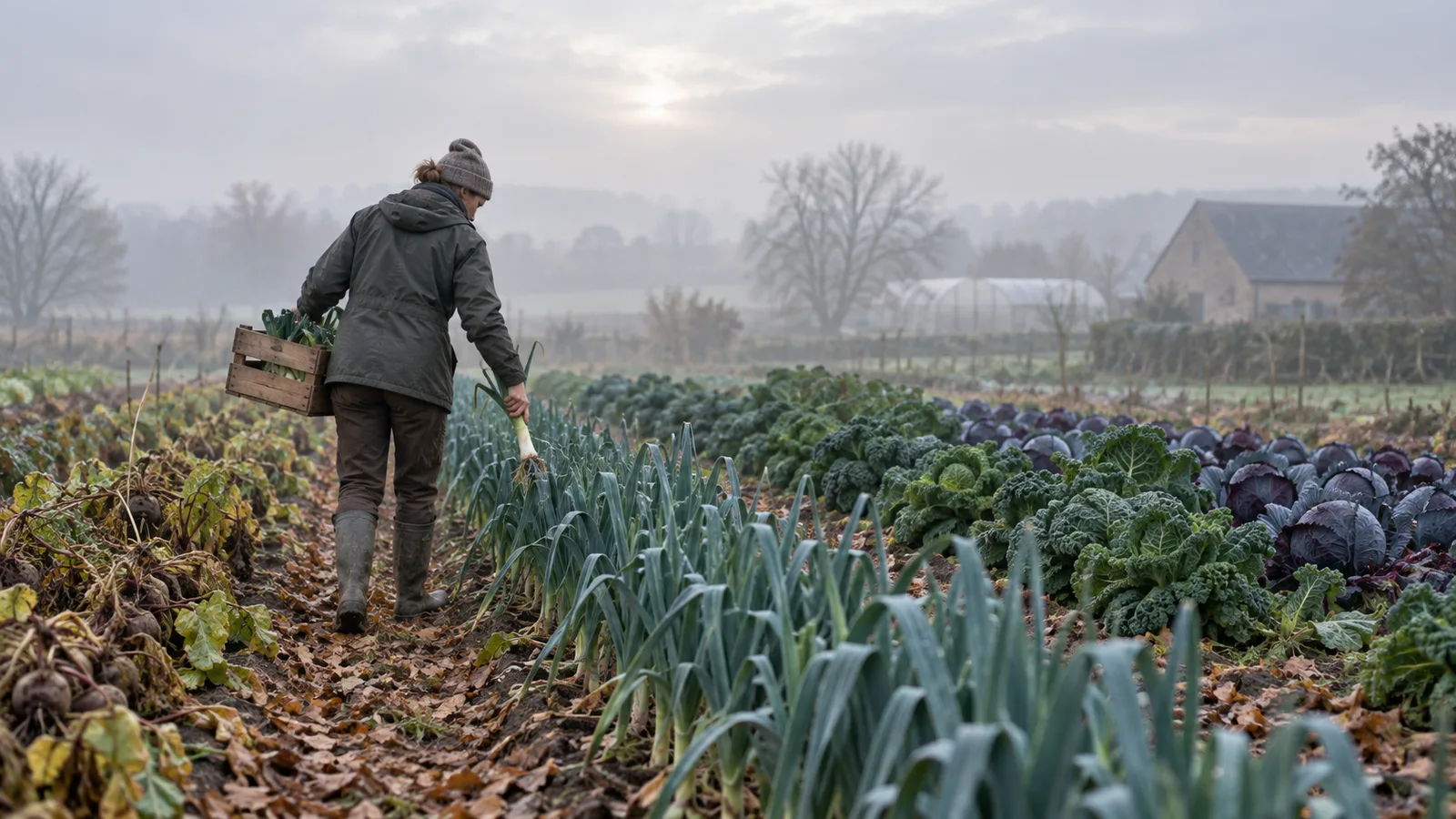 Maraîchère arrachant un poireau dans un potager d'hiver sous la brume