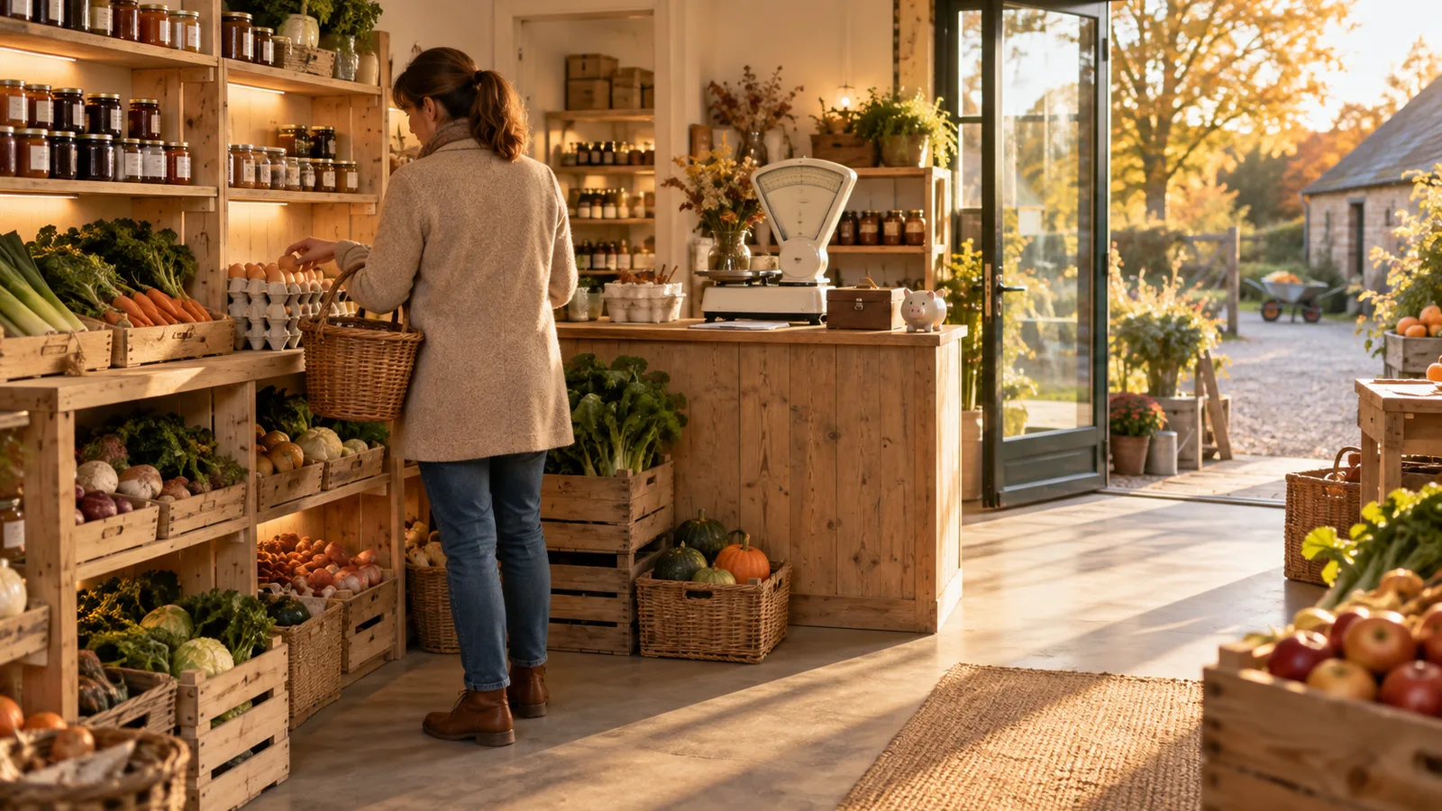 Cliente posant des œufs dans son panier en osier