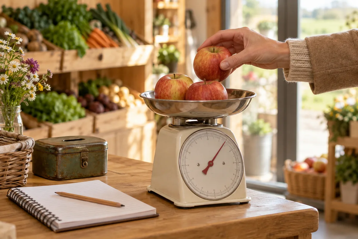 Main déposant une pomme sur le plateau d'une balance