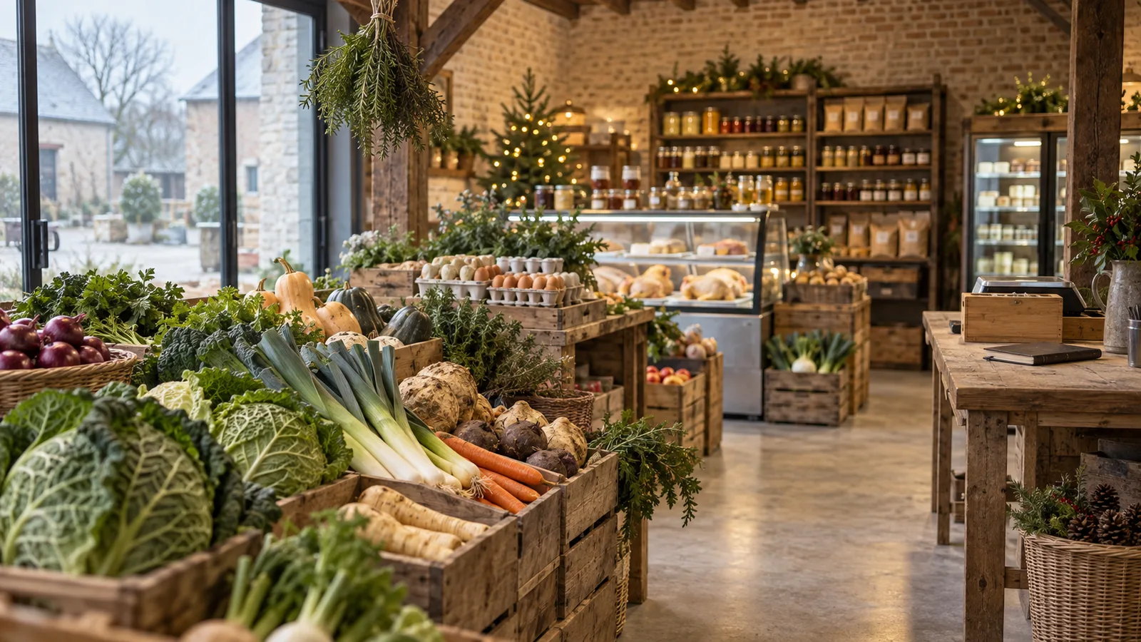 Étals en bois d'un magasin de ferme en libre-service fin novembre