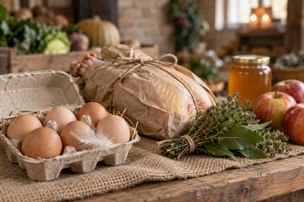 Œufs, volaille emballée, miel et pommes disposés sur un étal de ferme