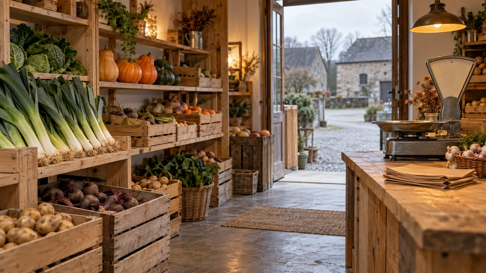 Magasin de ferme libre-service avec étagères de légumes de saison