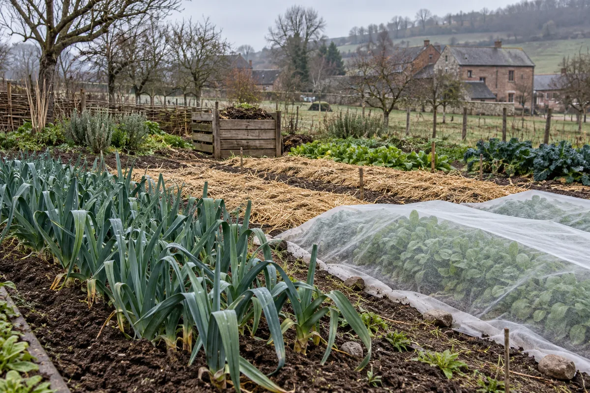 Potager d'hiver avec poireaux en terre et planches paillées de paille
