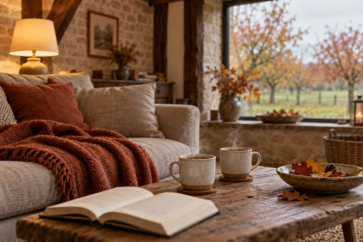 Salon de gîte avec canapé, plaid et deux tasses de thé fumantes