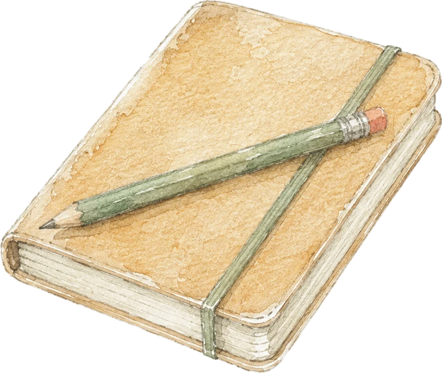 Un carnet ouvert et son crayon, à l'aquarelle