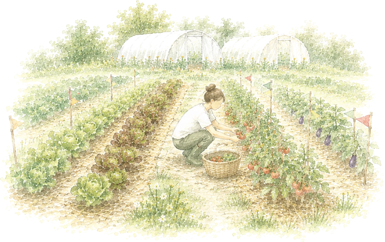 Une récolte de légumes dans les planches de culture, à l'aquarelle